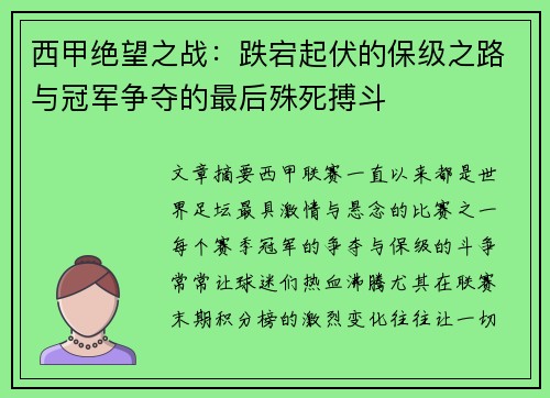 西甲绝望之战：跌宕起伏的保级之路与冠军争夺的最后殊死搏斗